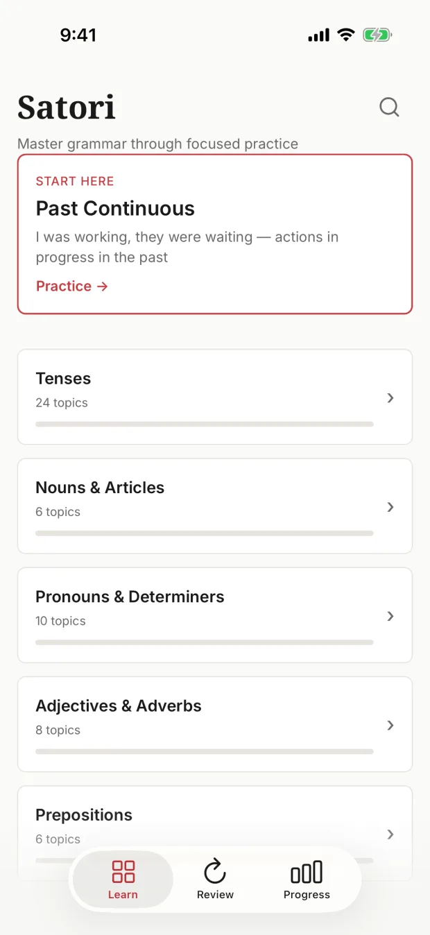 Satori app catalog: Tenses, Nouns and Articles, Pronouns and Determiners, Adjectives and Adverbs, Prepositions