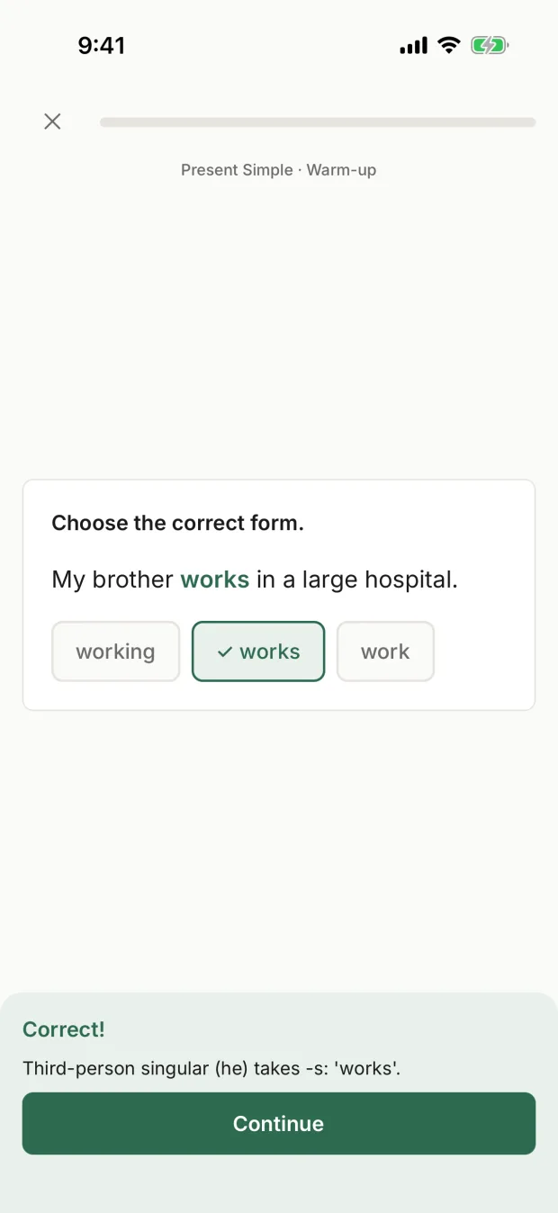Exercise screen: choosing the correct verb form, with an explanation under the answer