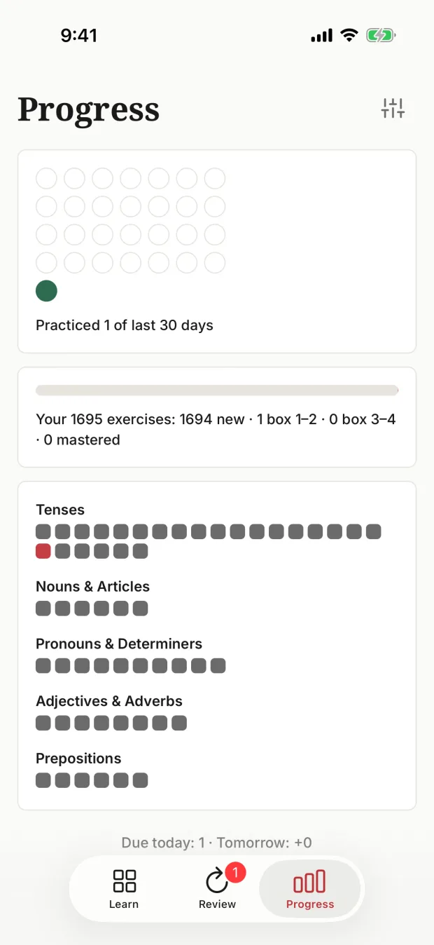 Progress screen: 30-day practice calendar and exercises spread across review boxes