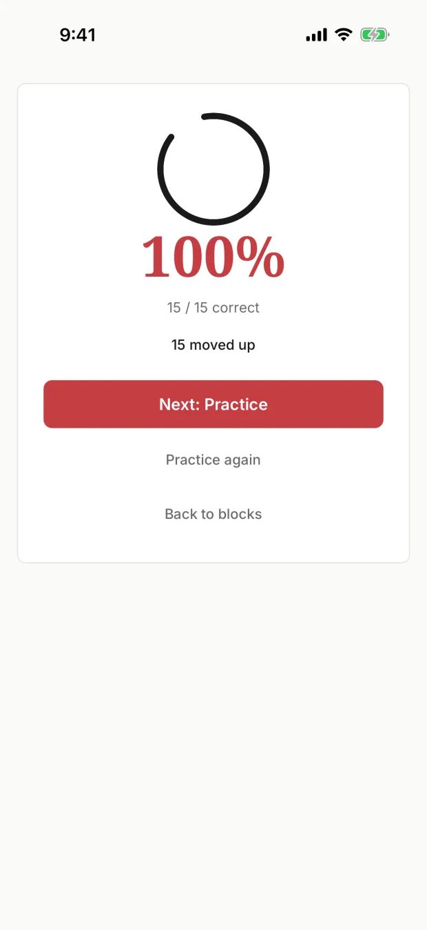 Session results screen showing 100 percent, 15 of 15 correct