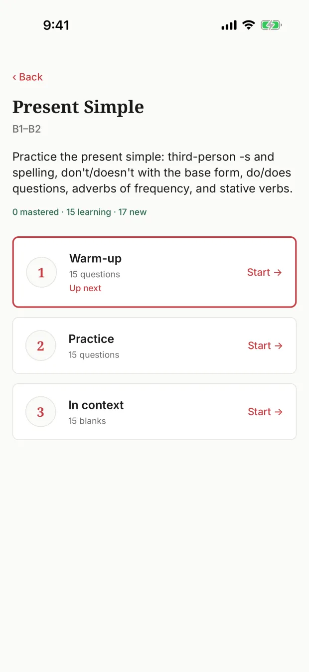 Present Simple topic screen with three blocks: Warm-up, Practice, In context